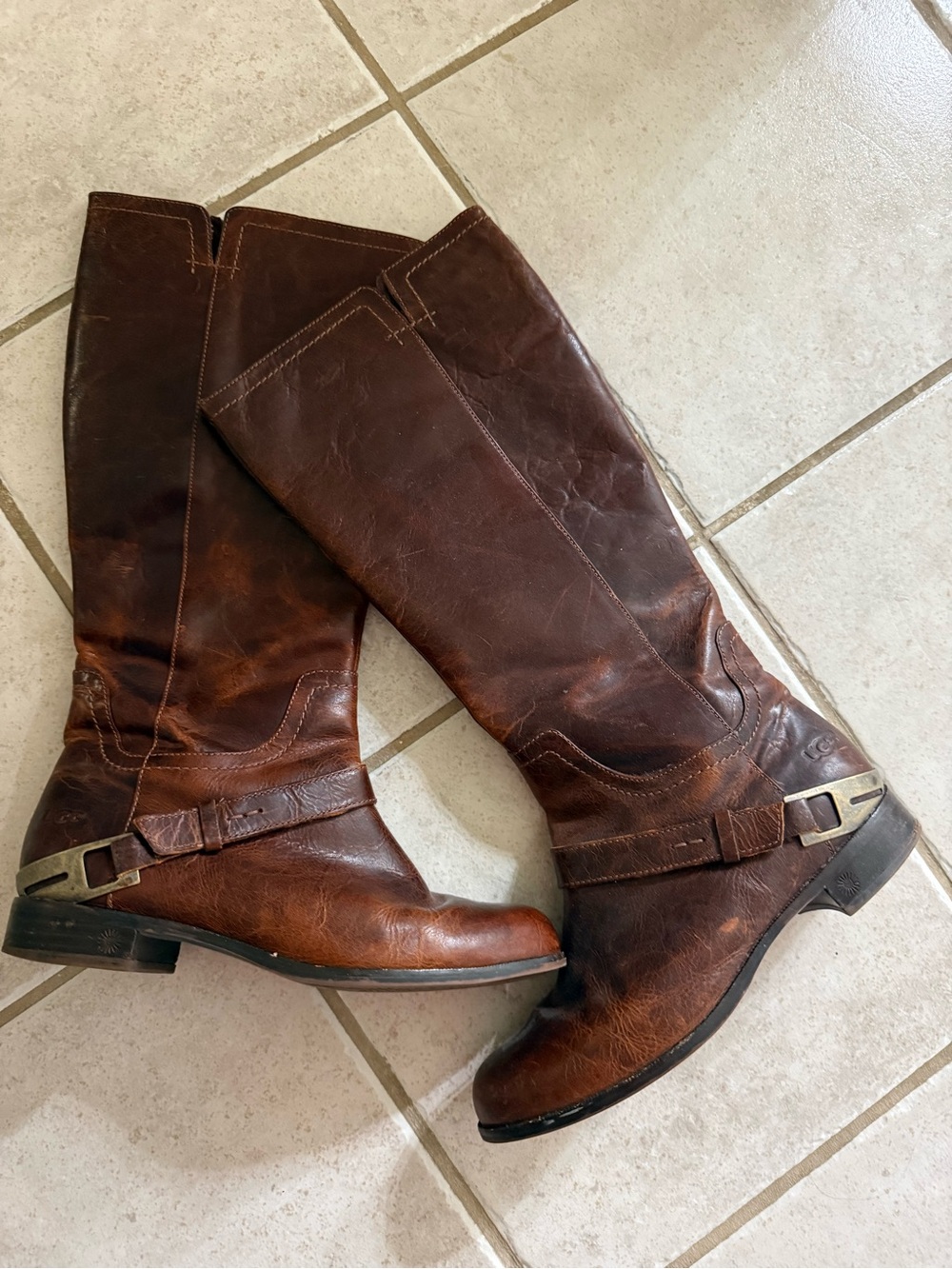 UGG Brown Leather Tall Riding Moto Boots Buckle Detail Women’s Size 8